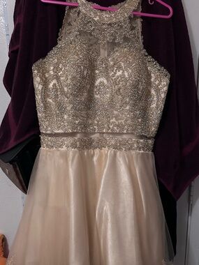 Beaded High Neck Champagne Formal Dress